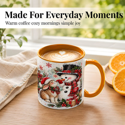 #pl[11oz|Orange] Snowman Bunny Christmas Coffee Mug, Watercolor Winter Mug, Ceramic Cup