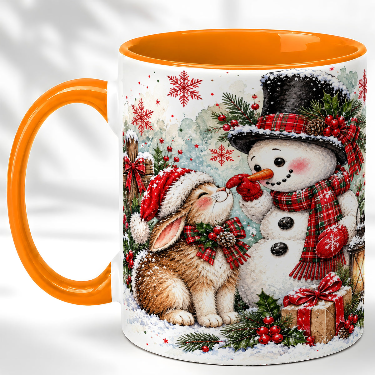#pl[11oz|Orange] Snowman Bunny Christmas Coffee Mug, Watercolor Winter Mug, Ceramic Cup