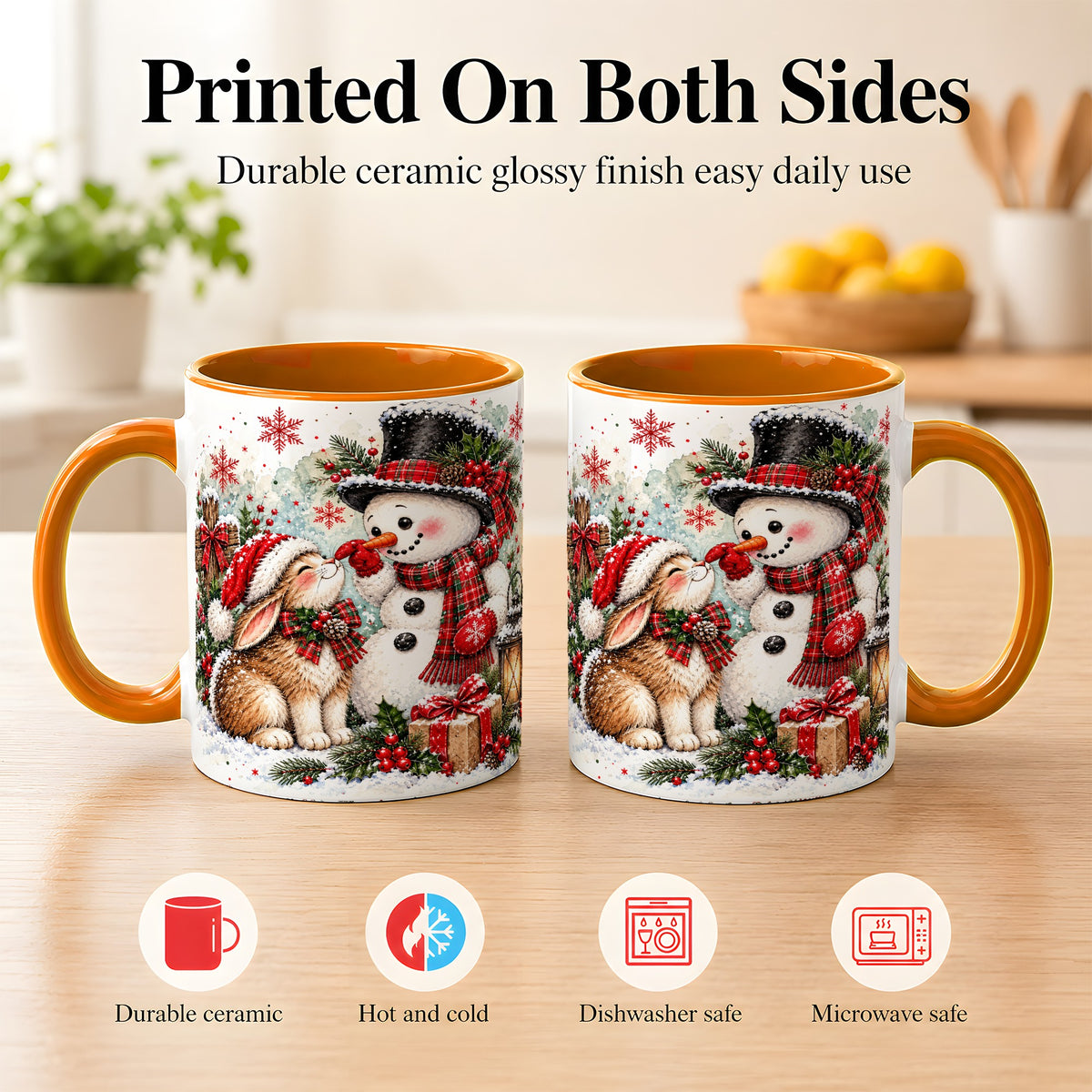 #pl[11oz|Orange] Snowman Bunny Christmas Coffee Mug, Watercolor Winter Mug, Ceramic Cup