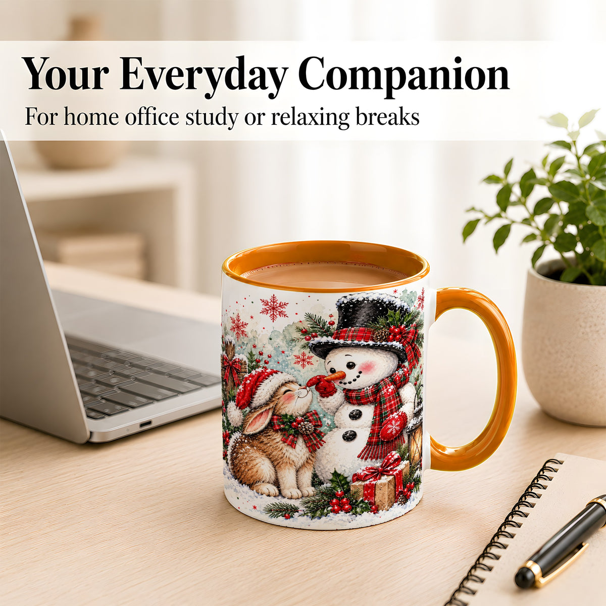 #pl[11oz|Orange] Snowman Bunny Christmas Coffee Mug, Watercolor Winter Mug, Ceramic Cup