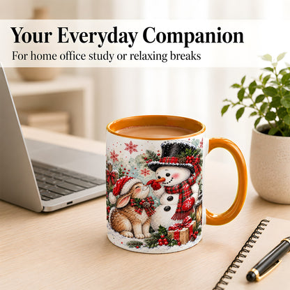 #pl[11oz|Orange] Snowman Bunny Christmas Coffee Mug, Watercolor Winter Mug, Ceramic Cup