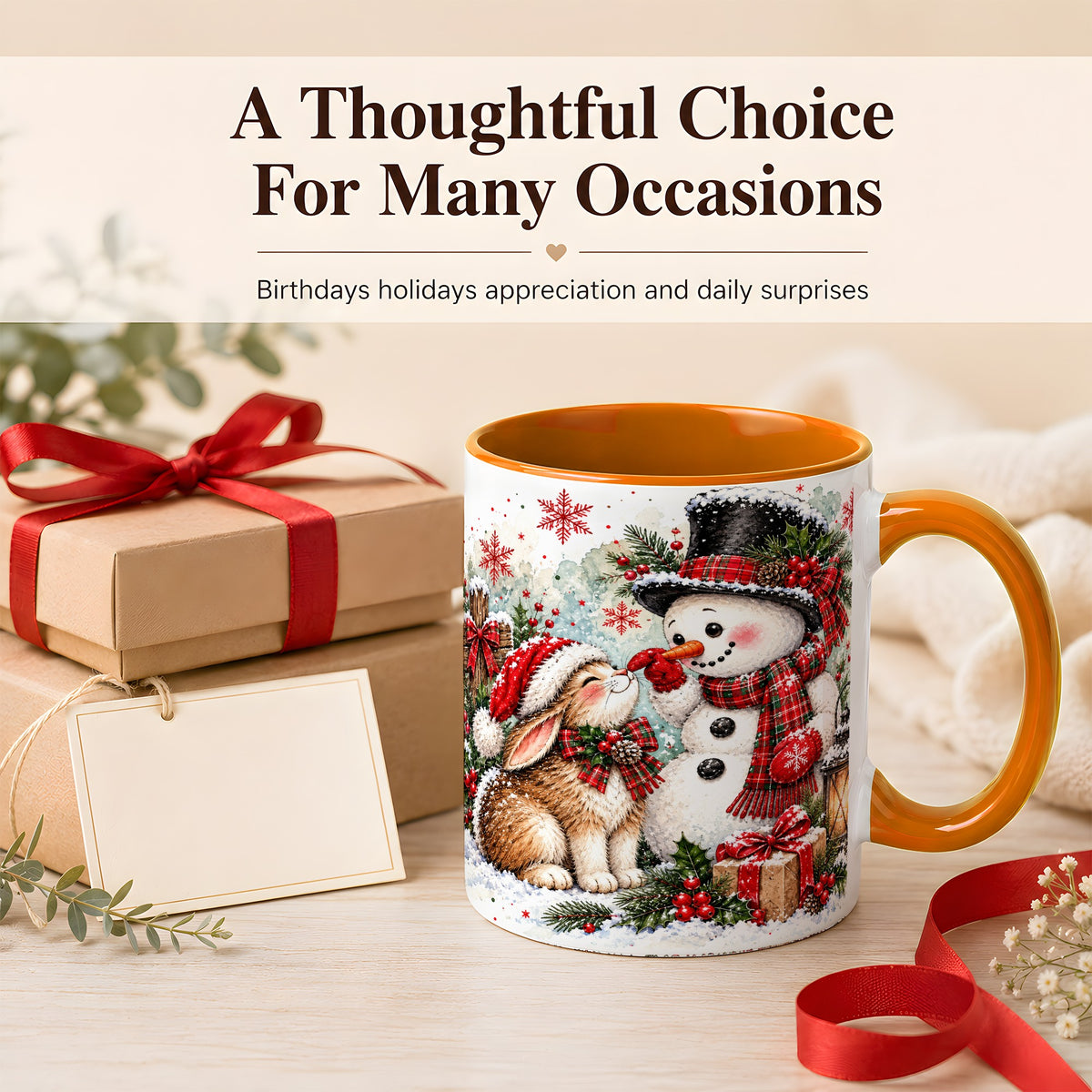 #pl[11oz|Orange] Snowman Bunny Christmas Coffee Mug, Watercolor Winter Mug, Ceramic Cup