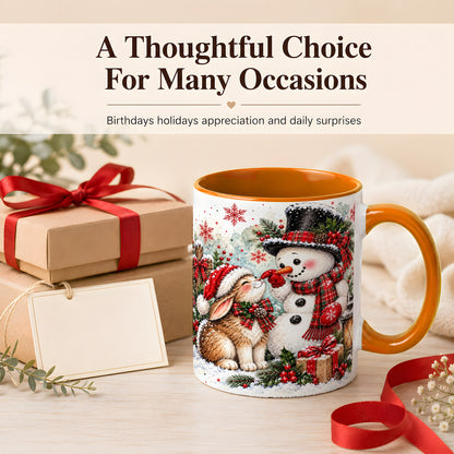 #pl[11oz|Orange] Snowman Bunny Christmas Coffee Mug, Watercolor Winter Mug, Ceramic Cup
