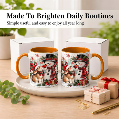 #pl[11oz|Orange] Snowman Bunny Christmas Coffee Mug, Watercolor Winter Mug, Ceramic Cup