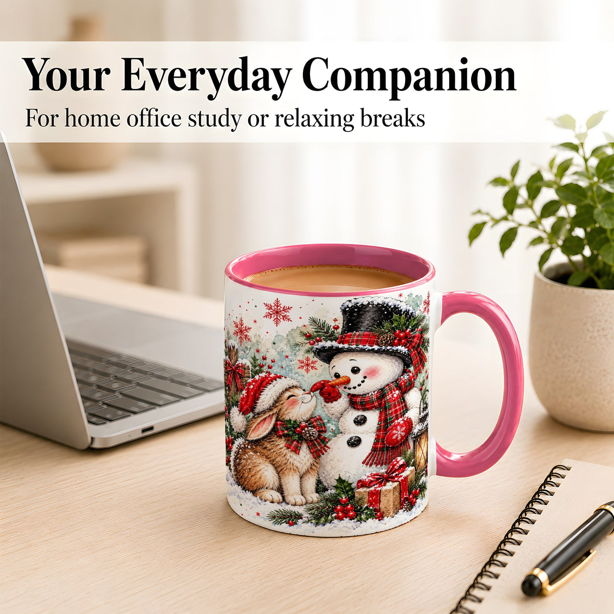 #pl[11oz|Pink] Snowman Bunny Christmas Coffee Mug, Watercolor Winter Mug, Ceramic Cup