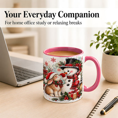 #pl[11oz|Pink] Snowman Bunny Christmas Coffee Mug, Watercolor Winter Mug, Ceramic Cup