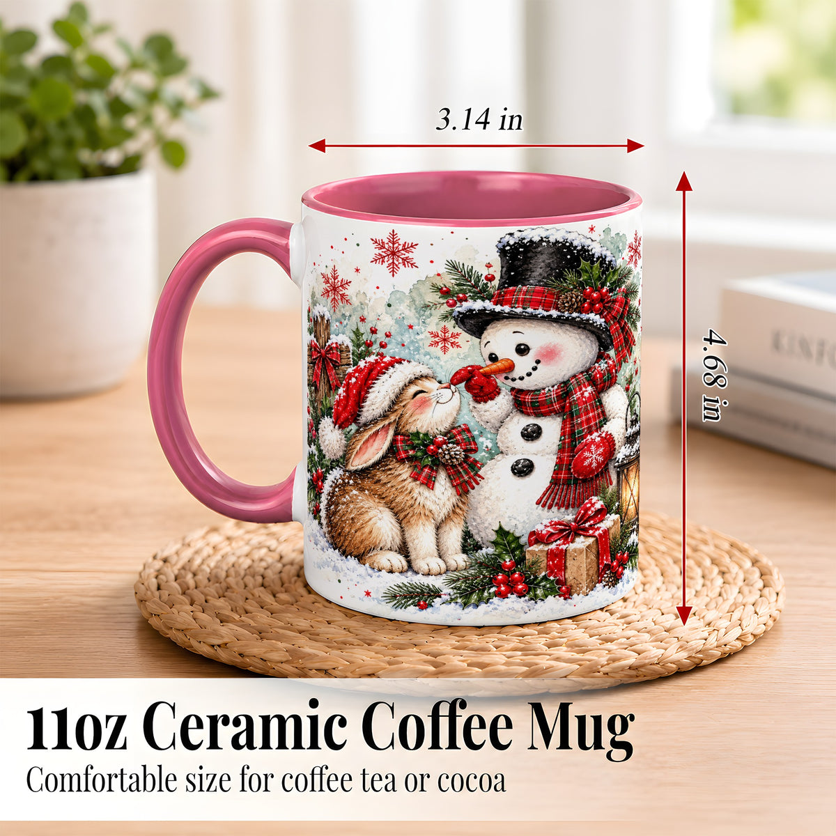 #pl[11oz|Pink] Snowman Bunny Christmas Coffee Mug, Watercolor Winter Mug, Ceramic Cup