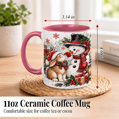 #pl[11oz|Pink] Snowman Bunny Christmas Coffee Mug, Watercolor Winter Mug, Ceramic Cup