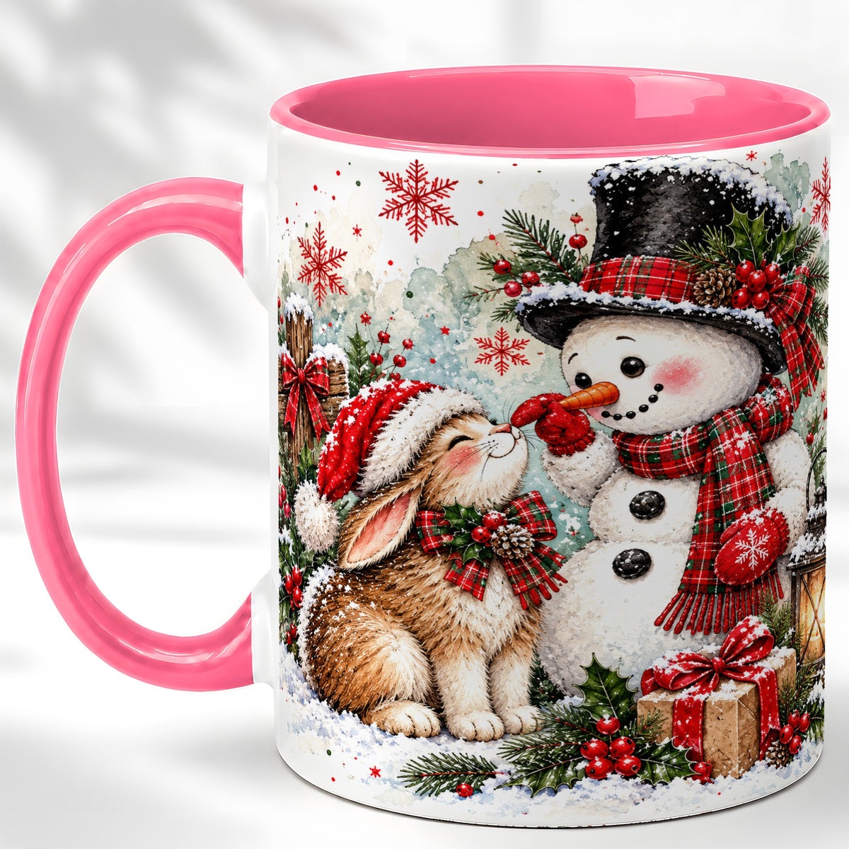 #pl[11oz|Pink] Snowman Bunny Christmas Coffee Mug, Watercolor Winter Mug, Ceramic Cup