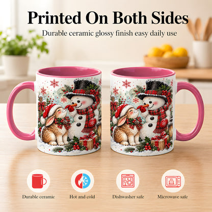 #pl[11oz|Pink] Snowman Bunny Christmas Coffee Mug, Watercolor Winter Mug, Ceramic Cup