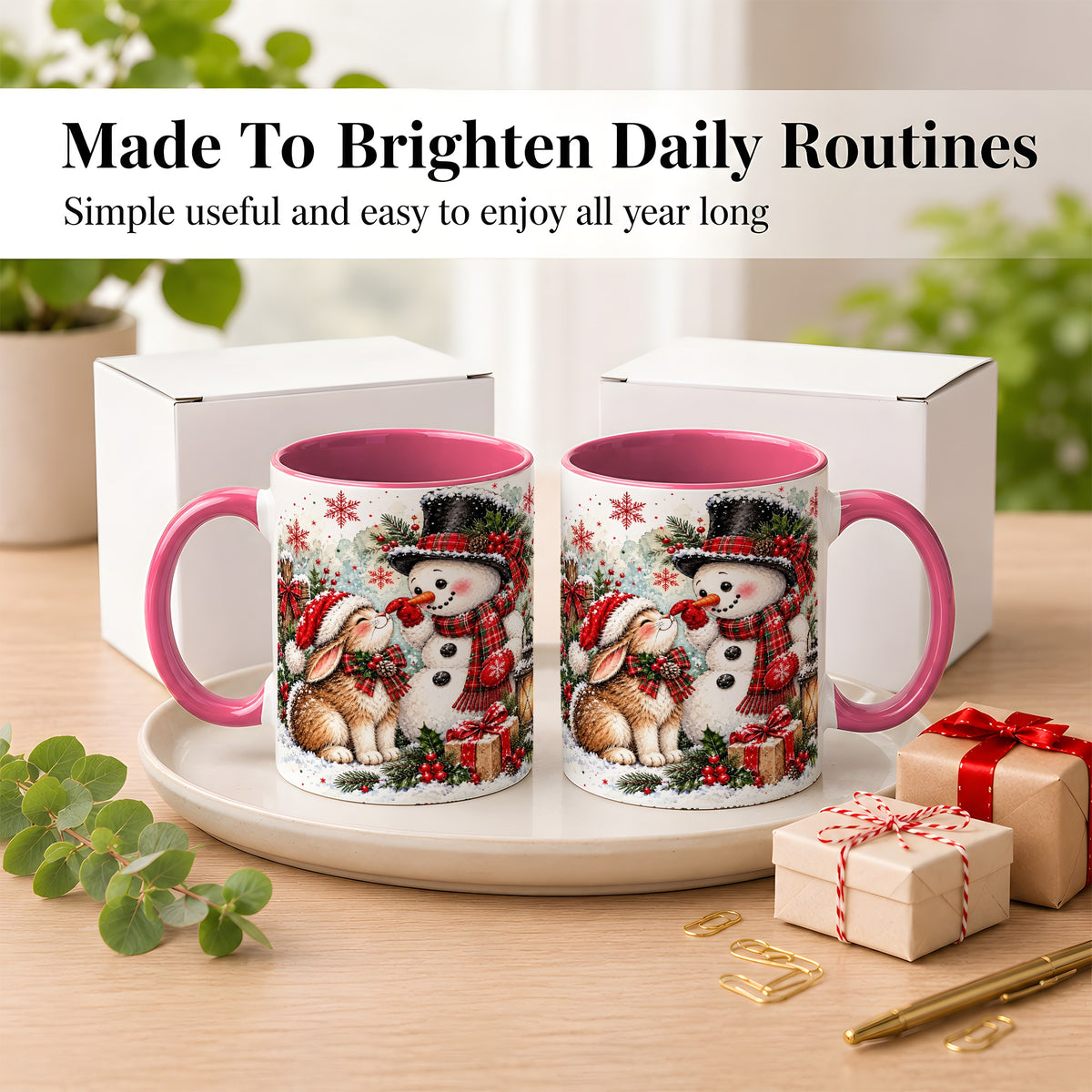 #pl[11oz|Pink] Snowman Bunny Christmas Coffee Mug, Watercolor Winter Mug, Ceramic Cup