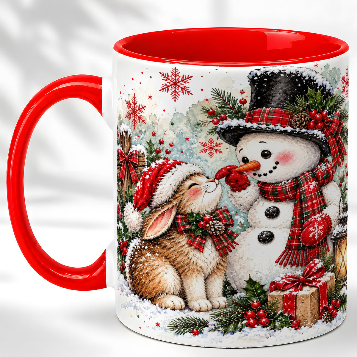 Snowman Bunny Christmas Coffee Mug, Watercolor Winter Mug, Ceramic Cup
