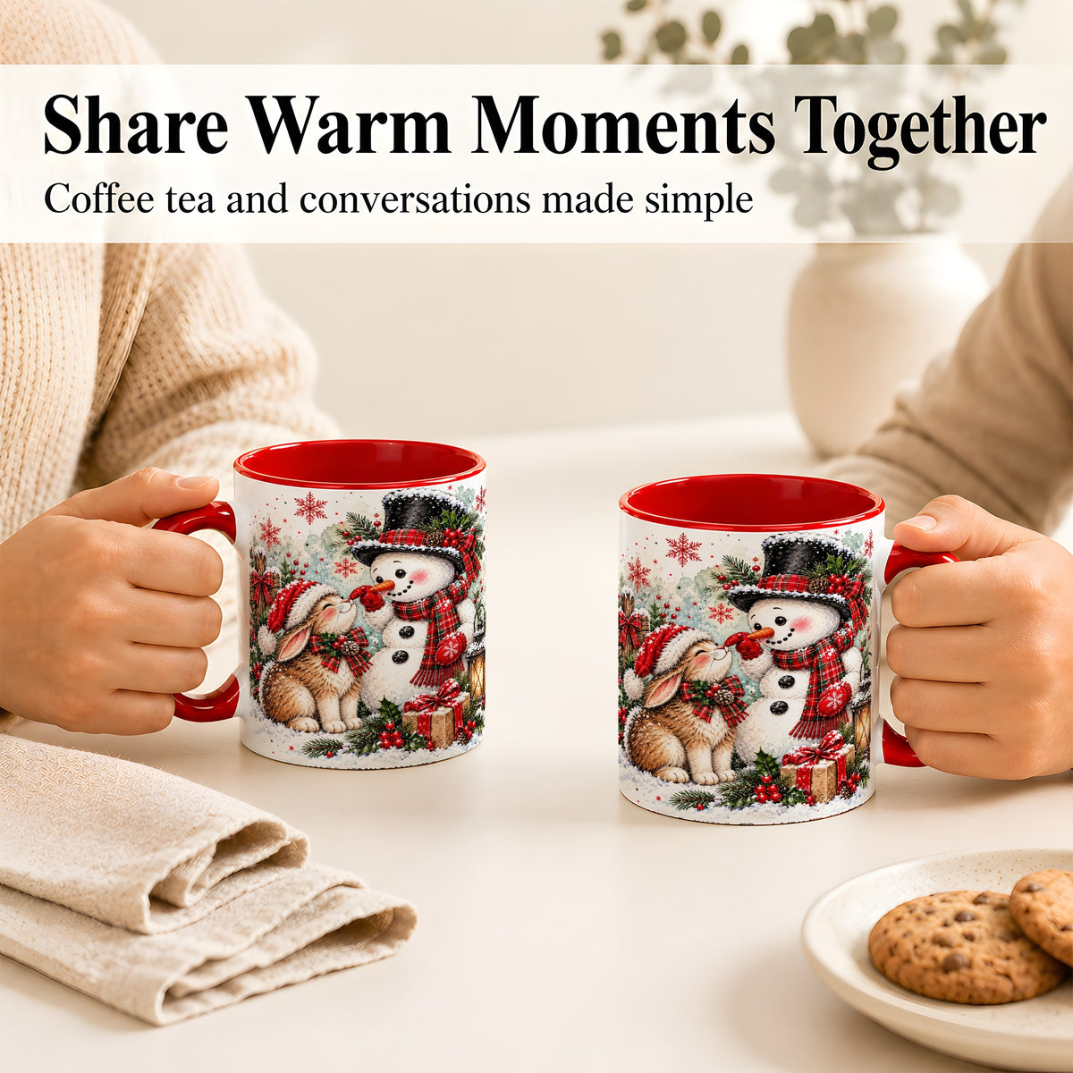 #pl[11oz|Red] Snowman Bunny Christmas Coffee Mug, Watercolor Winter Mug, Ceramic Cup
