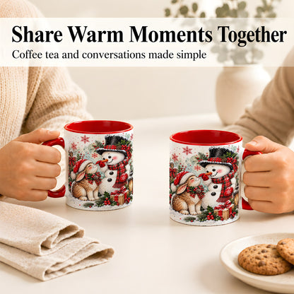 #pl[11oz|Red] Snowman Bunny Christmas Coffee Mug, Watercolor Winter Mug, Ceramic Cup