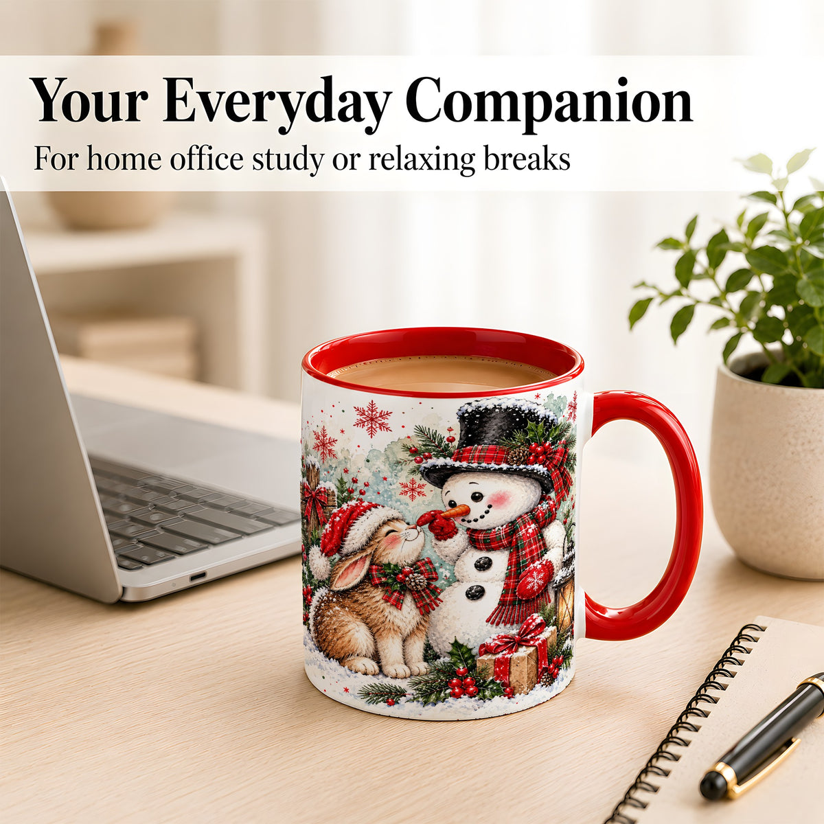 #pl[11oz|Red] Snowman Bunny Christmas Coffee Mug, Watercolor Winter Mug, Ceramic Cup
