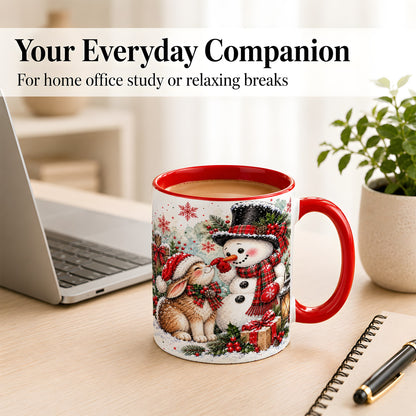 #pl[11oz|Red] Snowman Bunny Christmas Coffee Mug, Watercolor Winter Mug, Ceramic Cup