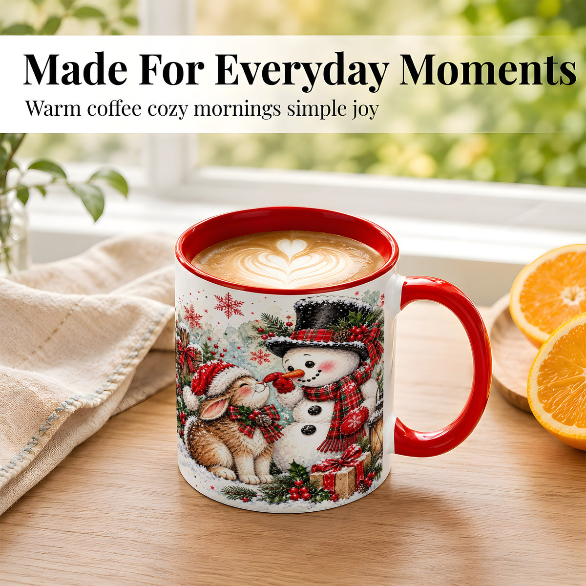 #pl[11oz|Red] Snowman Bunny Christmas Coffee Mug, Watercolor Winter Mug, Ceramic Cup