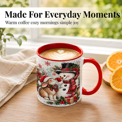 #pl[11oz|Red] Snowman Bunny Christmas Coffee Mug, Watercolor Winter Mug, Ceramic Cup