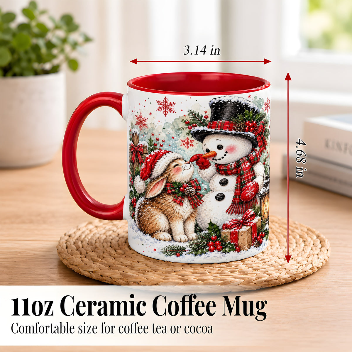 #pl[11oz|Red] Snowman Bunny Christmas Coffee Mug, Watercolor Winter Mug, Ceramic Cup