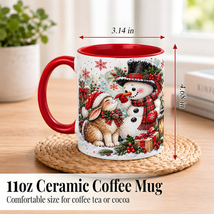 #pl[11oz|Red] Snowman Bunny Christmas Coffee Mug, Watercolor Winter Mug, Ceramic Cup
