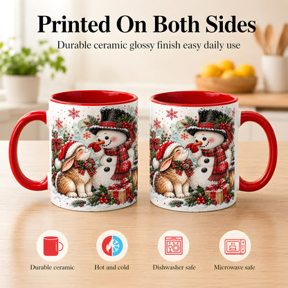 #pl[11oz|Red] Snowman Bunny Christmas Coffee Mug, Watercolor Winter Mug, Ceramic Cup