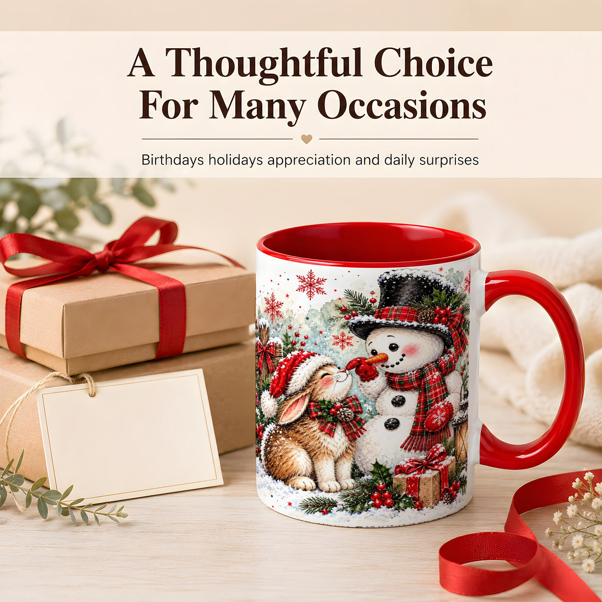 #pl[11oz|Red] Snowman Bunny Christmas Coffee Mug, Watercolor Winter Mug, Ceramic Cup