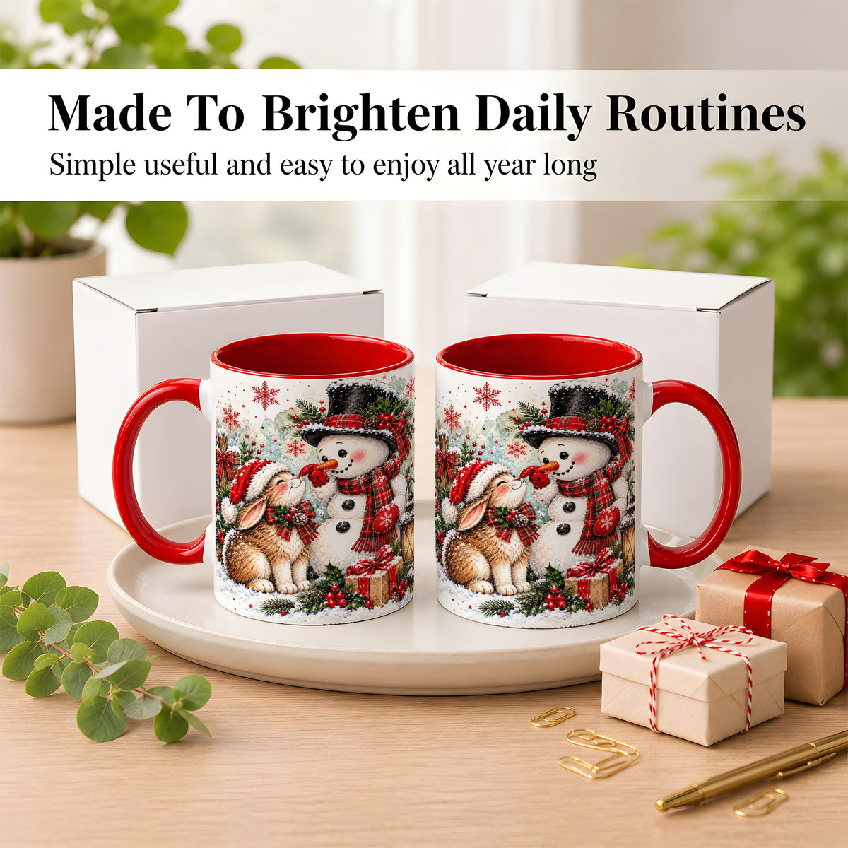 #pl[11oz|Red] Snowman Bunny Christmas Coffee Mug, Watercolor Winter Mug, Ceramic Cup