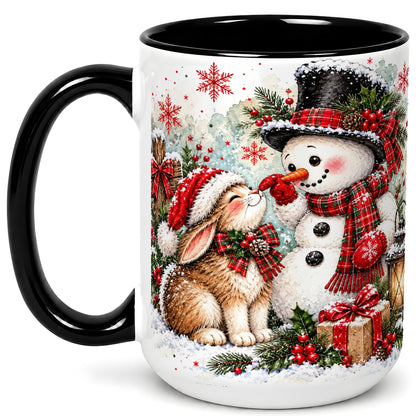 #pl[15oz|Black] Snowman Bunny Christmas Coffee Mug, Watercolor Winter Mug, Ceramic Cup