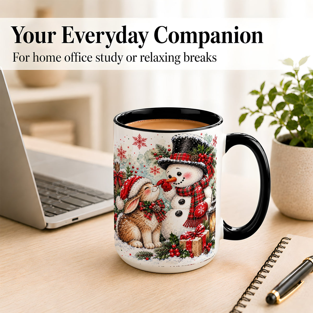 #pl[15oz|Black] Snowman Bunny Christmas Coffee Mug, Watercolor Winter Mug, Ceramic Cup