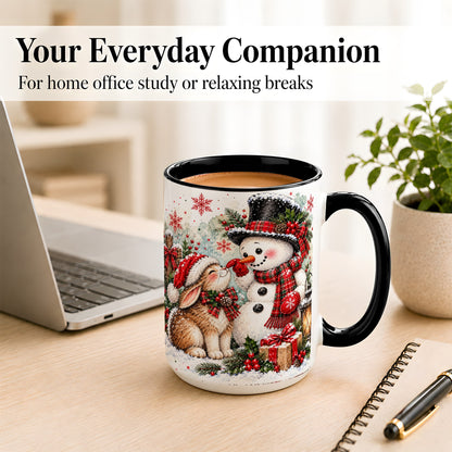 #pl[15oz|Black] Snowman Bunny Christmas Coffee Mug, Watercolor Winter Mug, Ceramic Cup
