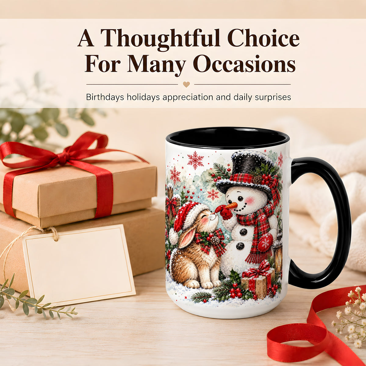 #pl[15oz|Black] Snowman Bunny Christmas Coffee Mug, Watercolor Winter Mug, Ceramic Cup