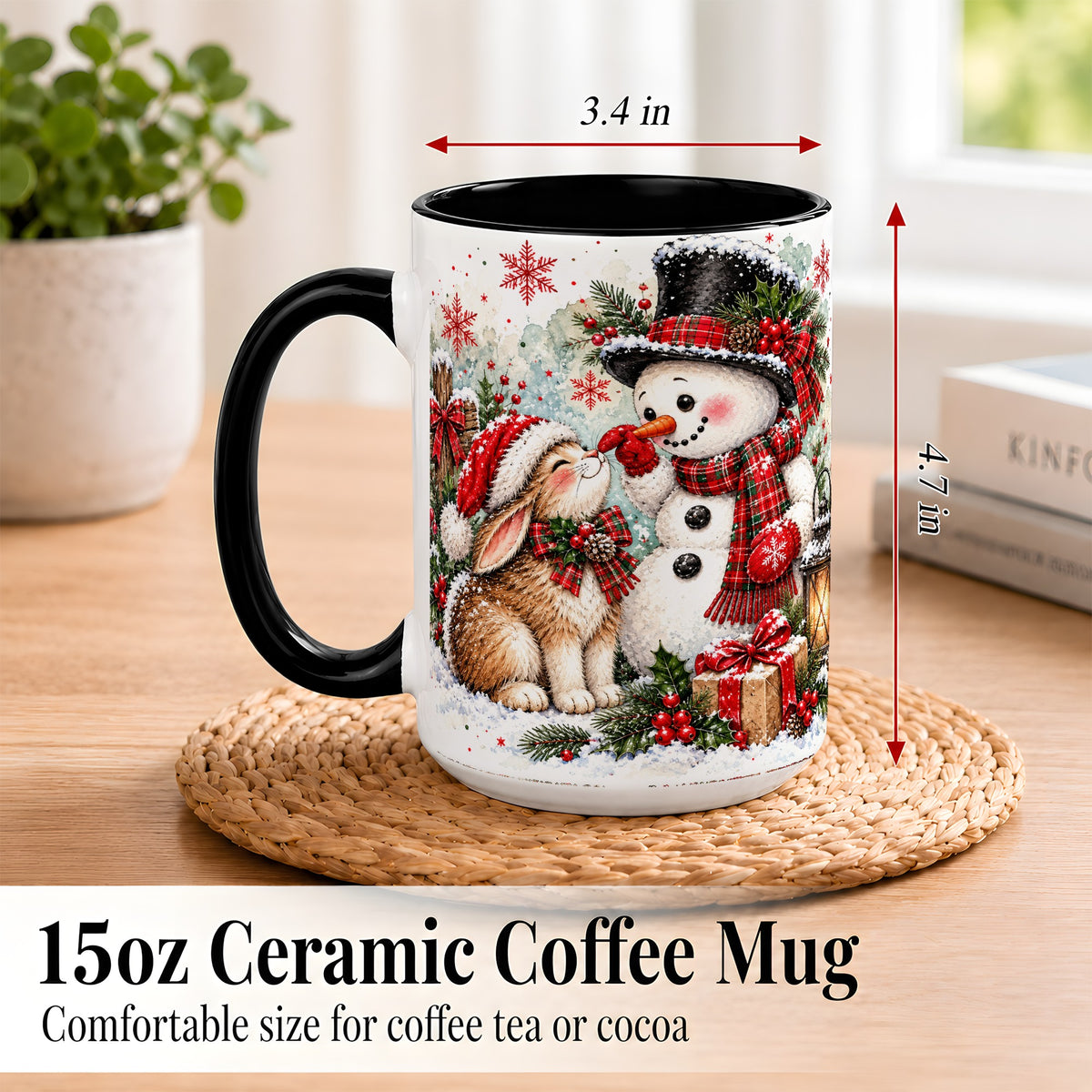 #pl[15oz|Black] Snowman Bunny Christmas Coffee Mug, Watercolor Winter Mug, Ceramic Cup