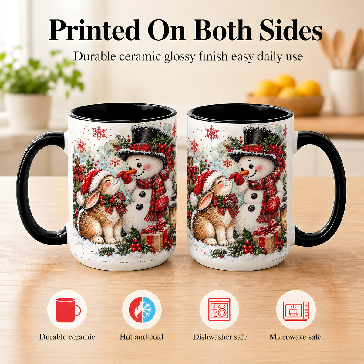 #pl[15oz|Black] Snowman Bunny Christmas Coffee Mug, Watercolor Winter Mug, Ceramic Cup