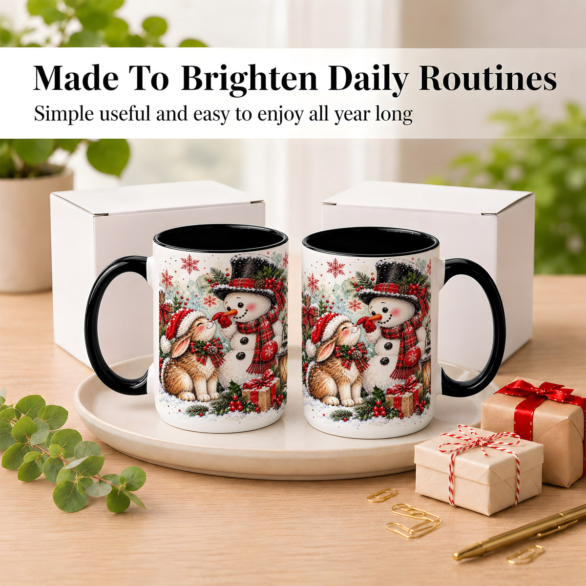 #pl[15oz|Black] Snowman Bunny Christmas Coffee Mug, Watercolor Winter Mug, Ceramic Cup