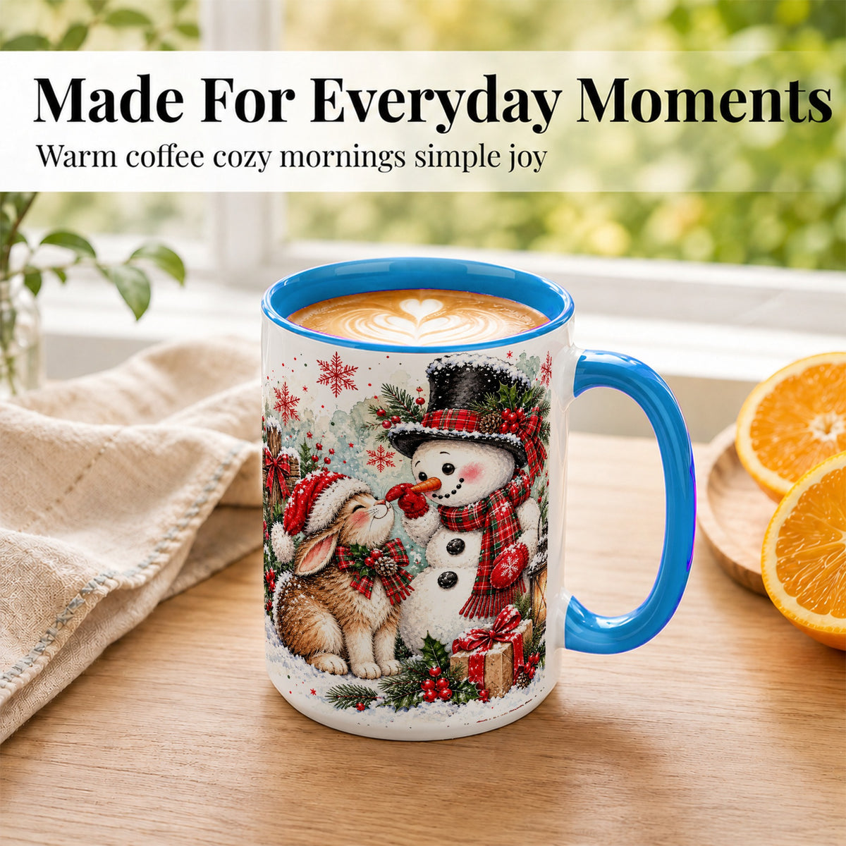 #pl[15oz|Blue] Snowman Bunny Christmas Coffee Mug, Watercolor Winter Mug, Ceramic Cup