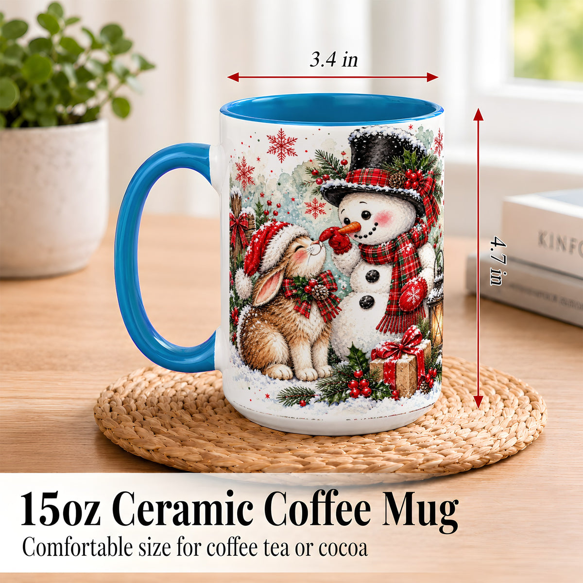 #pl[15oz|Blue] Snowman Bunny Christmas Coffee Mug, Watercolor Winter Mug, Ceramic Cup