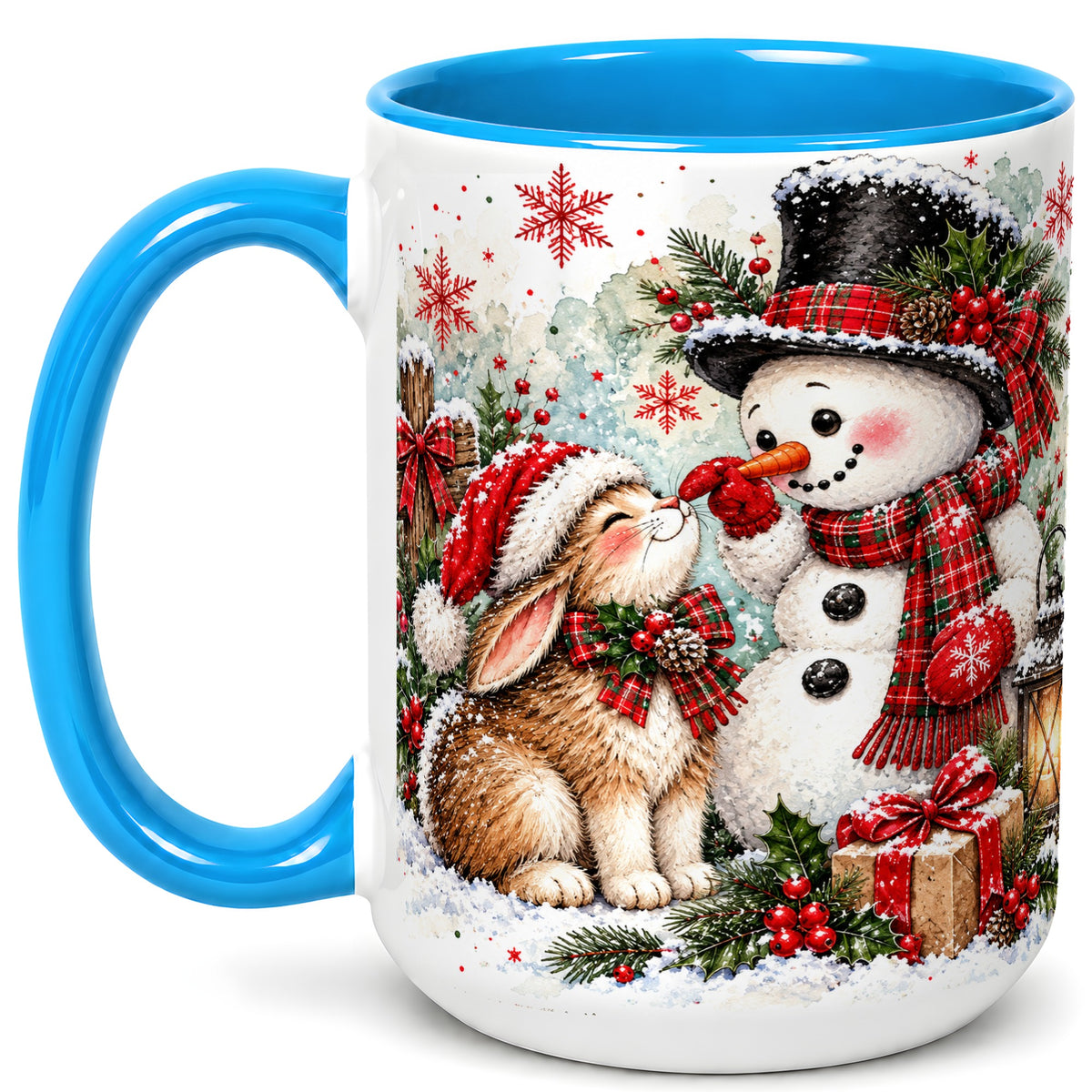 #pl[15oz|Blue] Snowman Bunny Christmas Coffee Mug, Watercolor Winter Mug, Ceramic Cup