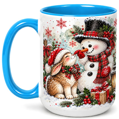 #pl[15oz|Blue] Snowman Bunny Christmas Coffee Mug, Watercolor Winter Mug, Ceramic Cup