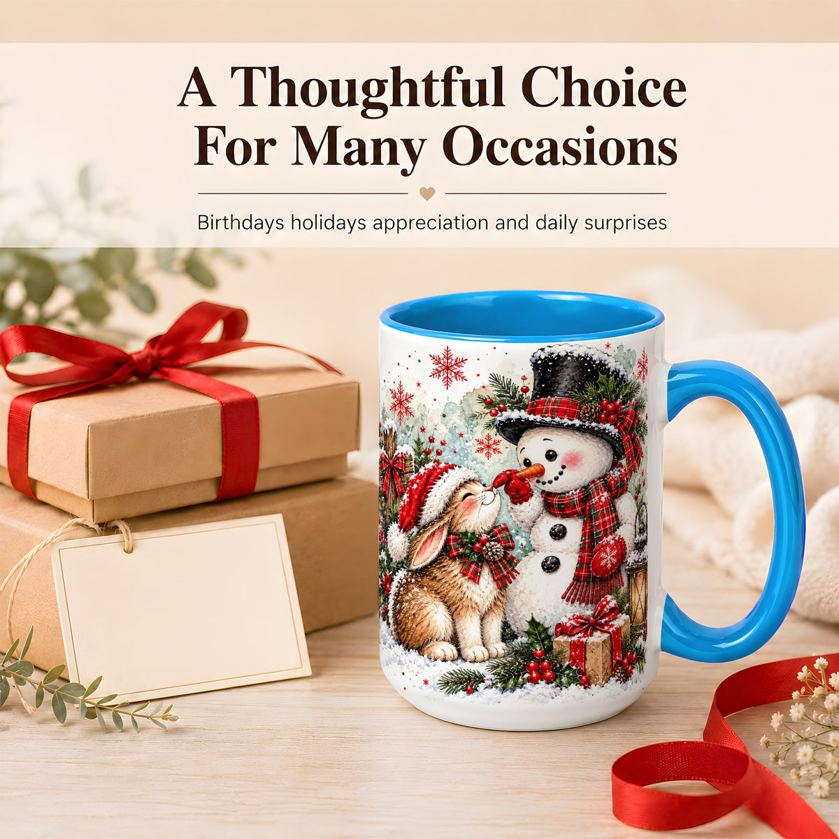 #pl[15oz|Blue] Snowman Bunny Christmas Coffee Mug, Watercolor Winter Mug, Ceramic Cup