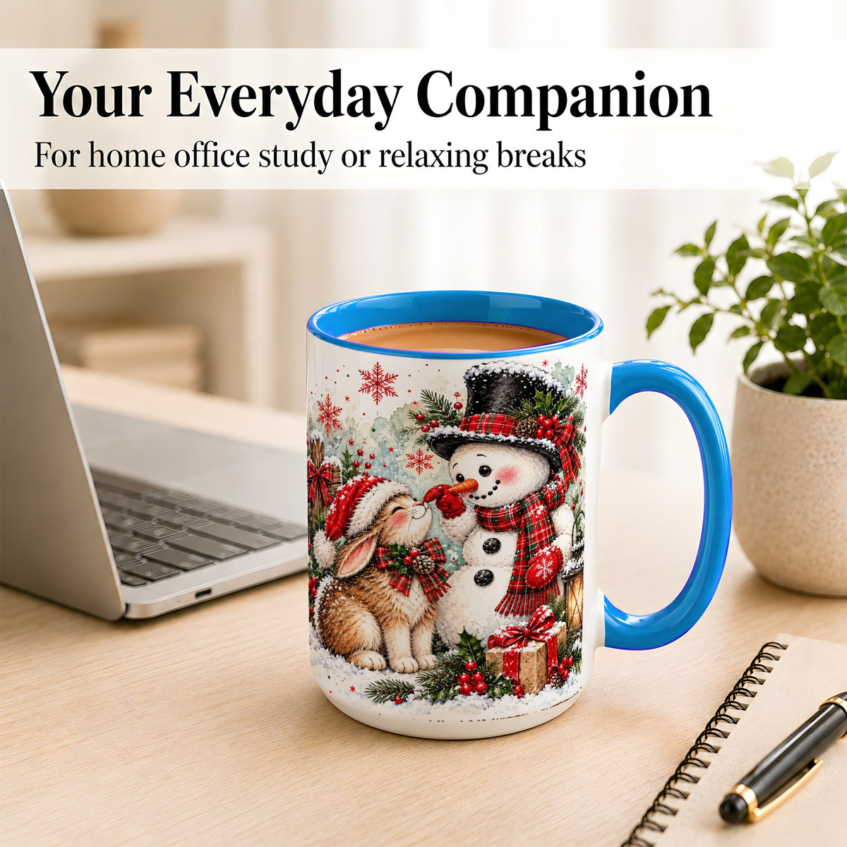 #pl[15oz|Blue] Snowman Bunny Christmas Coffee Mug, Watercolor Winter Mug, Ceramic Cup