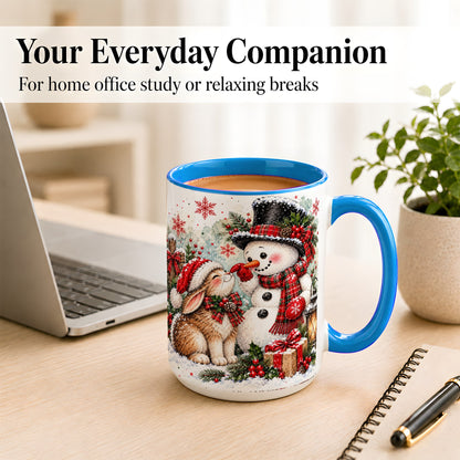 #pl[15oz|Blue] Snowman Bunny Christmas Coffee Mug, Watercolor Winter Mug, Ceramic Cup