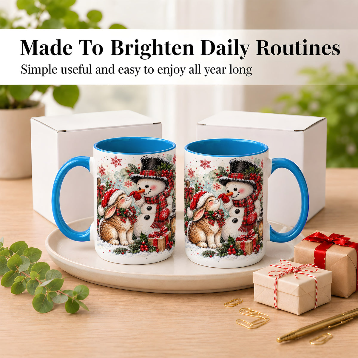 #pl[15oz|Blue] Snowman Bunny Christmas Coffee Mug, Watercolor Winter Mug, Ceramic Cup