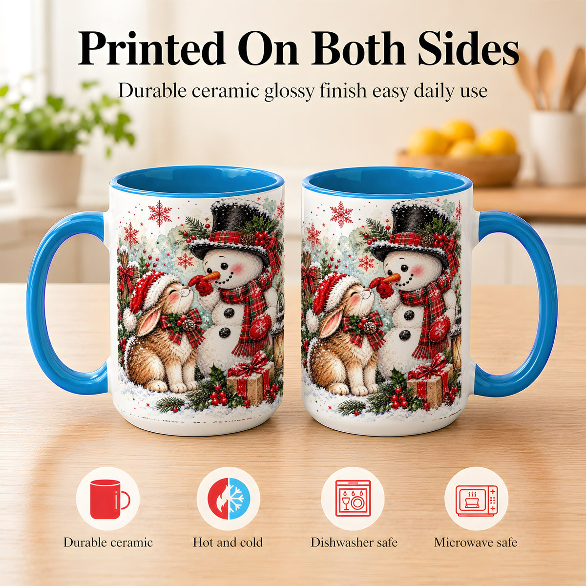 #pl[15oz|Blue] Snowman Bunny Christmas Coffee Mug, Watercolor Winter Mug, Ceramic Cup