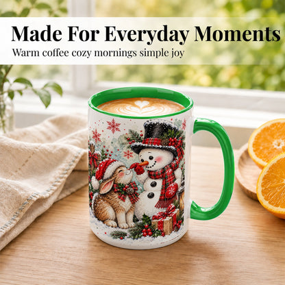 #pl[15oz|Green] Snowman Bunny Christmas Coffee Mug, Watercolor Winter Mug, Ceramic Cup