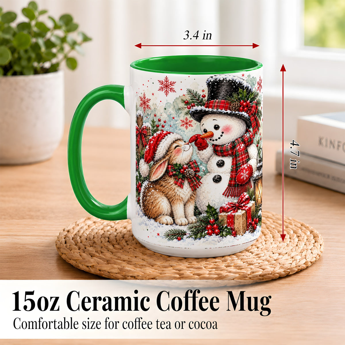 #pl[15oz|Green] Snowman Bunny Christmas Coffee Mug, Watercolor Winter Mug, Ceramic Cup