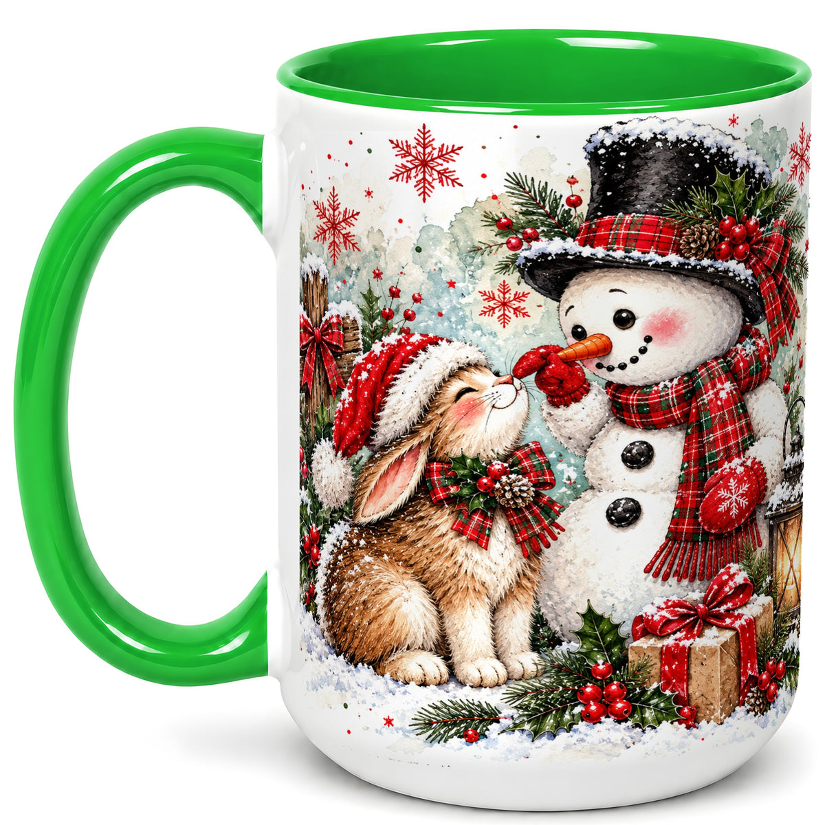 #pl[15oz|Green] Snowman Bunny Christmas Coffee Mug, Watercolor Winter Mug, Ceramic Cup