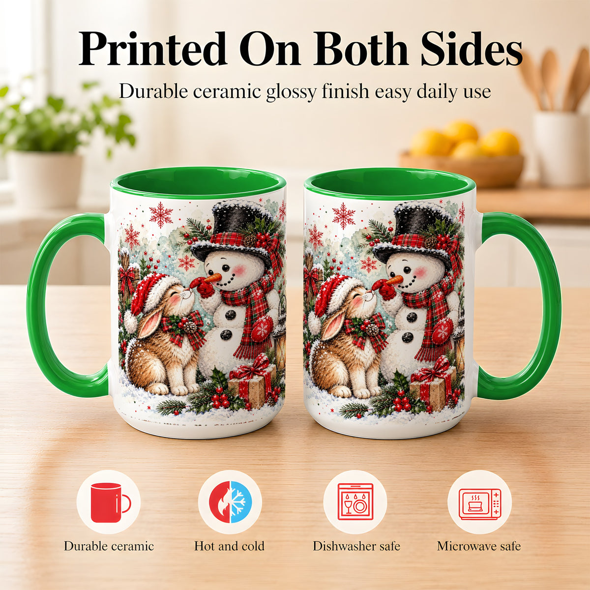 #pl[15oz|Green] Snowman Bunny Christmas Coffee Mug, Watercolor Winter Mug, Ceramic Cup