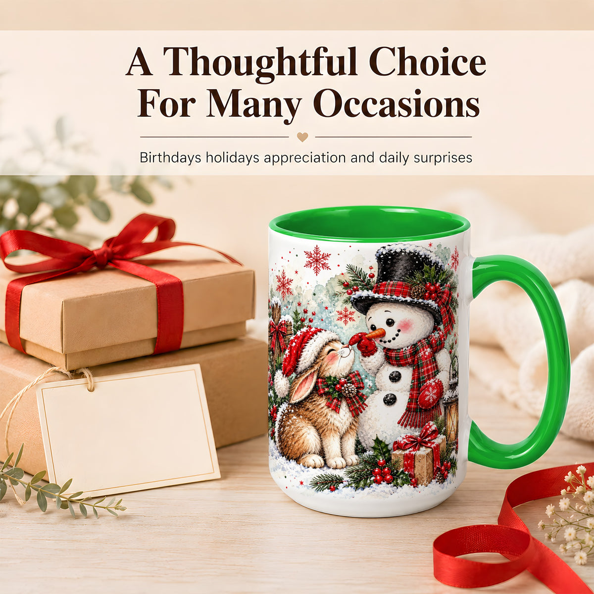 #pl[15oz|Green] Snowman Bunny Christmas Coffee Mug, Watercolor Winter Mug, Ceramic Cup