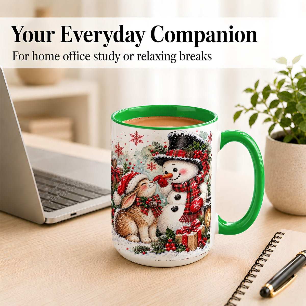 #pl[15oz|Green] Snowman Bunny Christmas Coffee Mug, Watercolor Winter Mug, Ceramic Cup