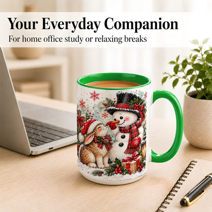 #pl[15oz|Green] Snowman Bunny Christmas Coffee Mug, Watercolor Winter Mug, Ceramic Cup